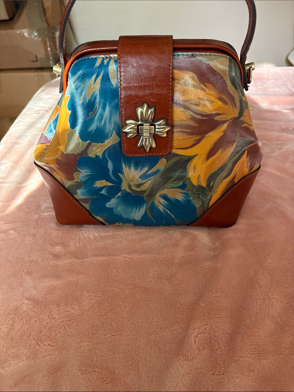 Patricia Nash Blue Floral Leather-Trim Top-Handle Satchel